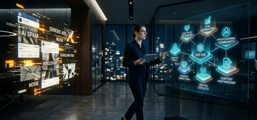 A professional digital marketer moving away from noisy AI social media feeds towards an organized B2B interface representing effective LinkedIn alternatives.