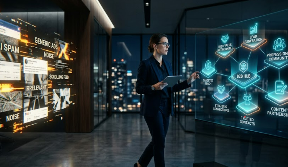 A professional digital marketer moving away from noisy AI social media feeds towards an organized B2B interface representing effective LinkedIn alternatives.