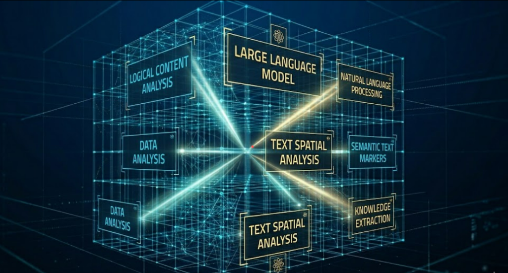 Abstract visual representation of a Large Language Model (LLM) analyzing text spatial awareness and logical content structure within a glowing blue digital matrix - WP SEO Atlas