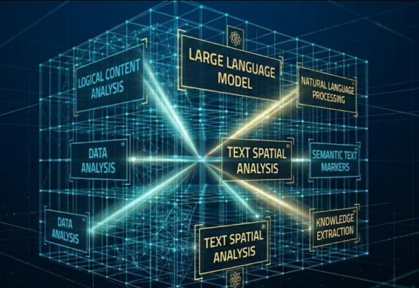 Abstract visual representation of a Large Language Model (LLM) analyzing text spatial awareness and logical content structure within a glowing blue digital matrix - WP SEO Atlas