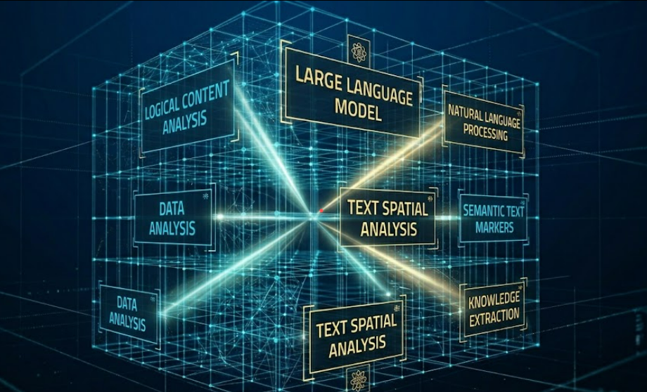 Abstract visual representation of a Large Language Model (LLM) analyzing text spatial awareness and logical content structure within a glowing blue digital matrix - WP SEO Atlas