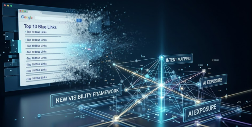 Abstract visualization of traditional Google search rankings dissolving in the background, replaced by a complex, glowing 3D holographic network representing new SEO visibility metrics and AI intent mapping in digital marketing strategy — WP SEO Atlas.