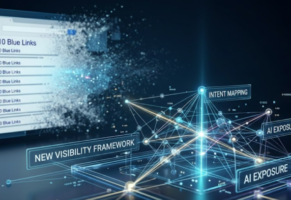 Abstract visualization of traditional Google search rankings dissolving in the background, replaced by a complex, glowing 3D holographic network representing new SEO visibility metrics and AI intent mapping in digital marketing strategy — WP SEO Atlas.
