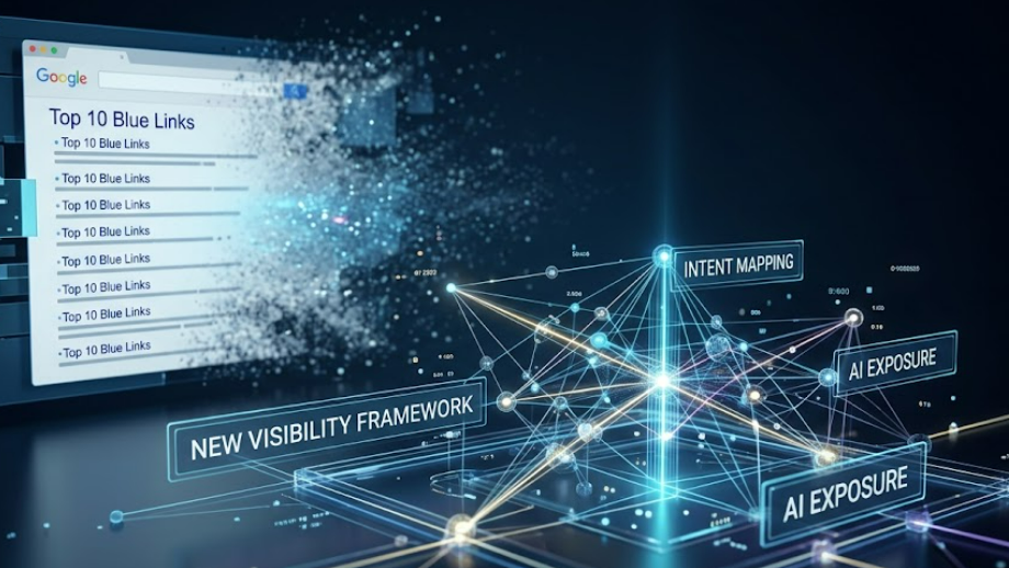 Abstract visualization of traditional Google search rankings dissolving in the background, replaced by a complex, glowing 3D holographic network representing new SEO visibility metrics and AI intent mapping in digital marketing strategy — WP SEO Atlas.