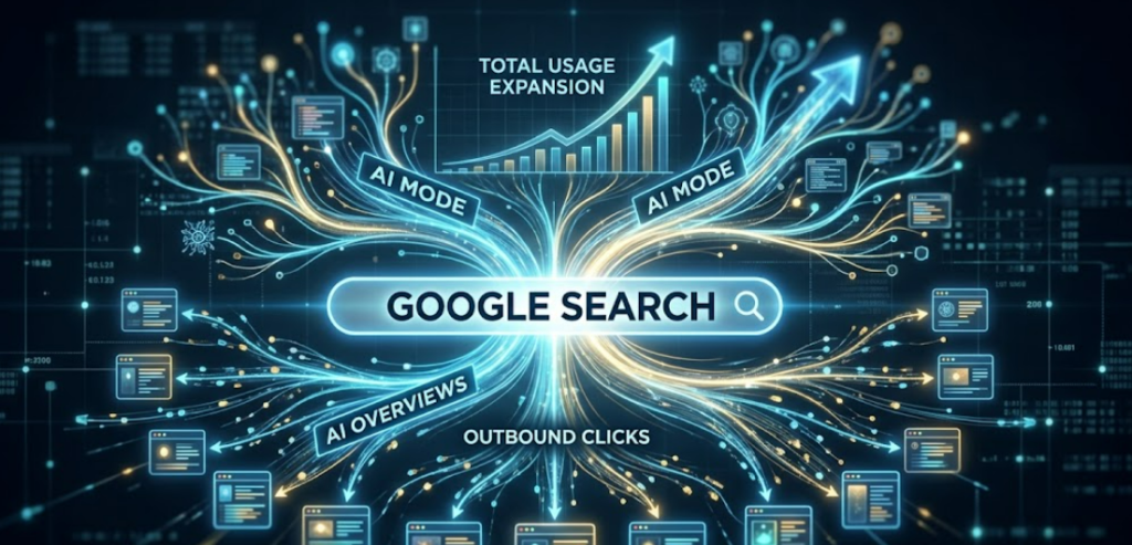 Abstract conceptual visualization of an expanding digital search ecosystem, showing AI Mode and AI Overviews branching out from Google Search to drive outbound clicks to independent websites and increase total usage — WP SEO Atlas