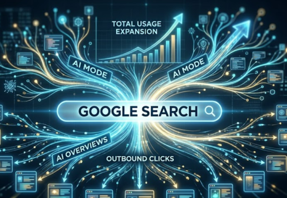 Abstract conceptual visualization of an expanding digital search ecosystem, showing AI Mode and AI Overviews branching out from Google Search to drive outbound clicks to independent websites and increase total usage — WP SEO Atlas