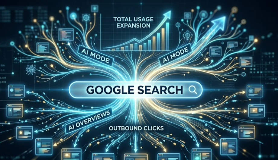 Abstract conceptual visualization of an expanding digital search ecosystem, showing AI Mode and AI Overviews branching out from Google Search to drive outbound clicks to independent websites and increase total usage — WP SEO Atlas