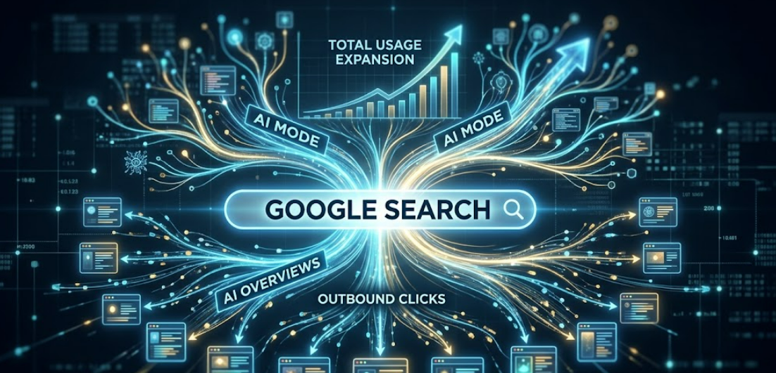 Abstract conceptual visualization of an expanding digital search ecosystem, showing AI Mode and AI Overviews branching out from Google Search to drive outbound clicks to independent websites and increase total usage — WP SEO Atlas